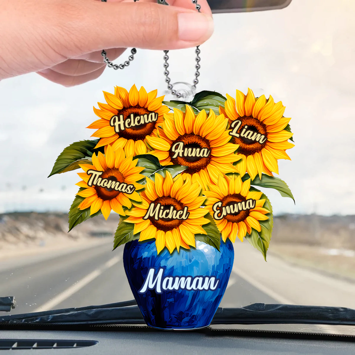 Pendentif personnalisé avec tournesols et vase pour maman et mamie