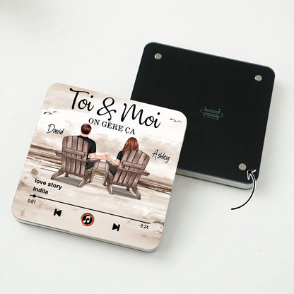 Aimant musical pour réfrigérateur avec 2 personnages, noms et citation Cadeau pour couple