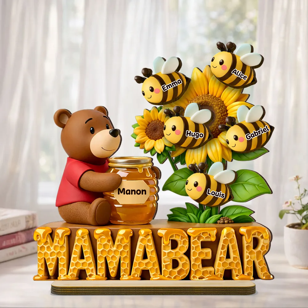 Décoration en bois personnalisé « Maman Ourse » avec abeilles – Cadeau pour maman et Papa