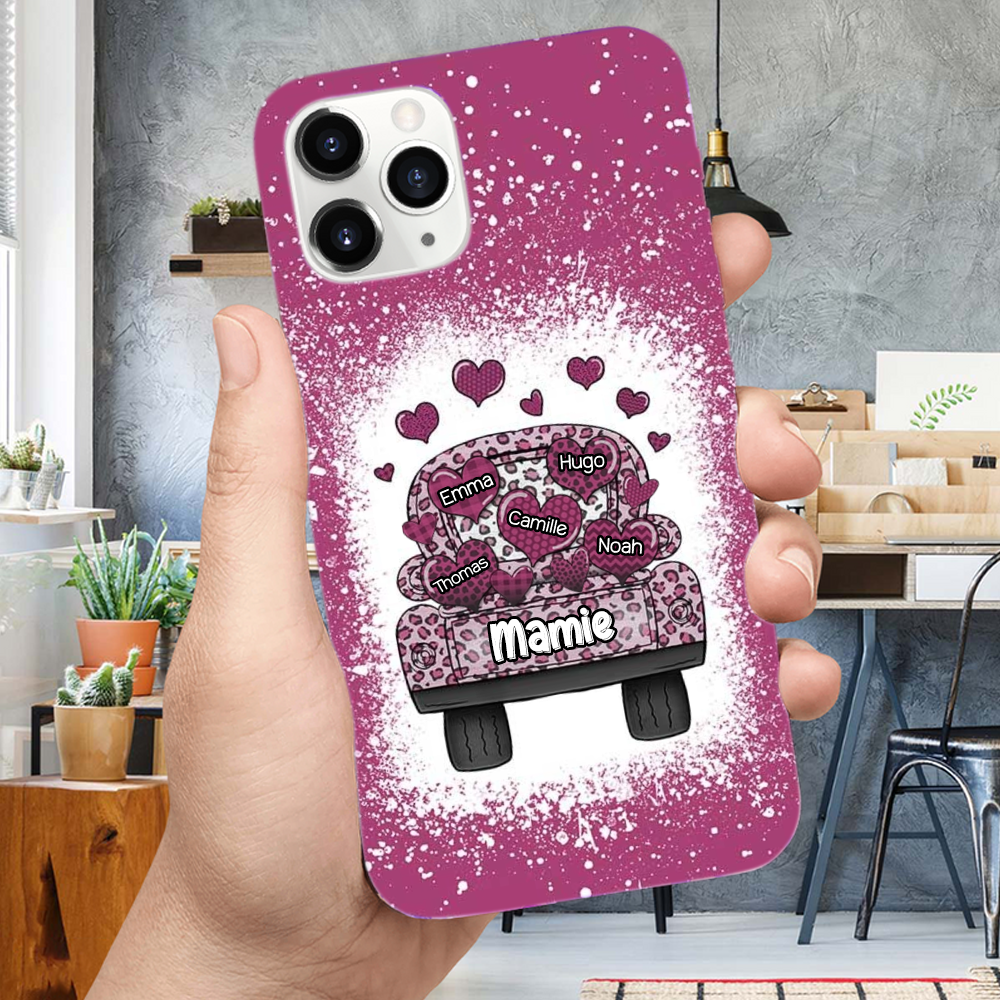 Coque en silicone personnalisée avec landau, cœurs et prénoms – Cadeau pour mamie et maman, compatible iPhone et Samsung