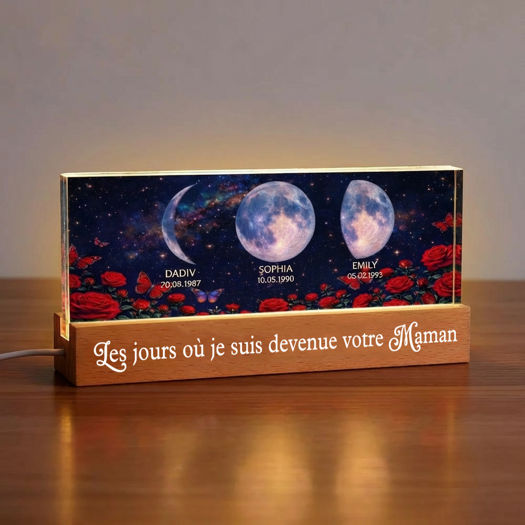Roses et phases de lune – Veilleuse LED personnalisée avec texte et phases lunaires – Cadeau pour maman et mamie