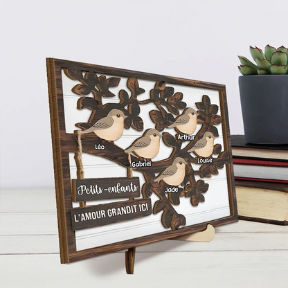 Plaque en bois personnalisée avec arbre et oiseaux – Cadeau pour la famille