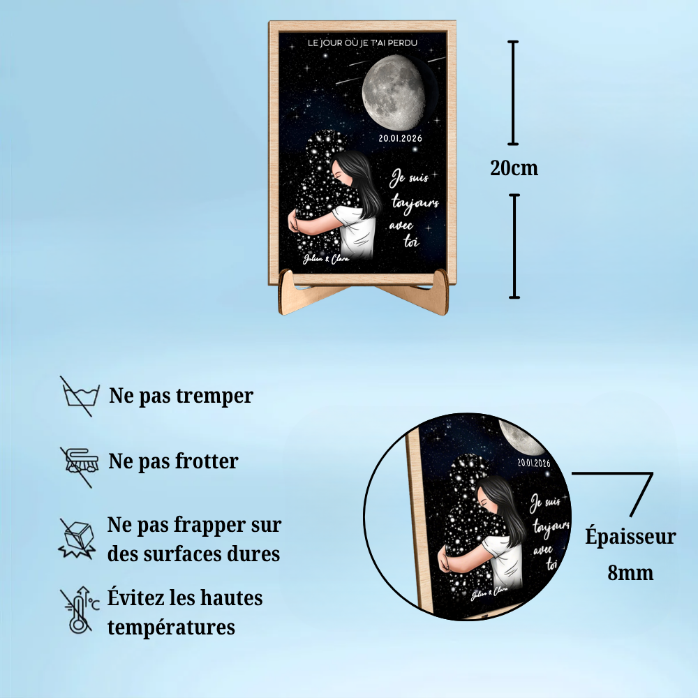 Présentoir en bois personnalisé avec phase de lune – Cadeau commémoratif en tendre souvenir