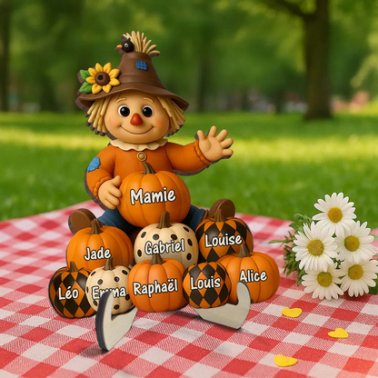 Plaque en bois personnalisée avec épouvantail et citrouilles – avec nom