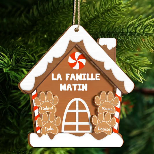 Décoration en bois à deux couches personnalisée – “Famille Pain d’épices” – Ornement de Noël familial avec prénoms