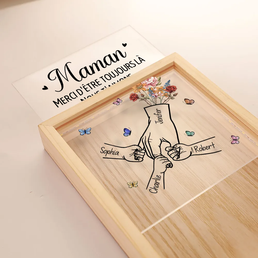 Boîte lumineuse avec cadre en bois, fleurs de naissance, mains et texte – Cadeau pour maman, papa et mamie