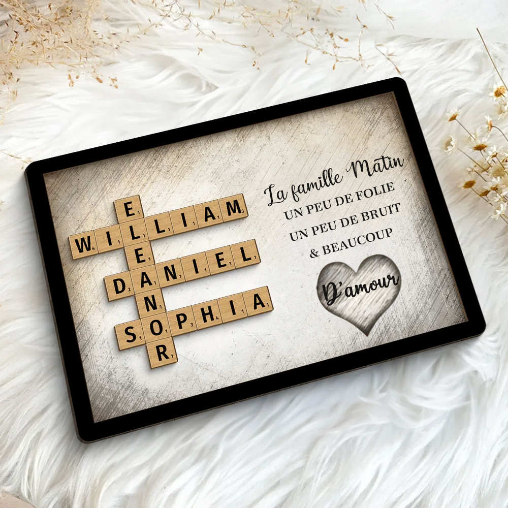 Plaque en bois personnalisée à 2 couches avec noms de famille en mots croisés