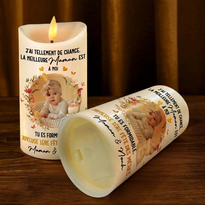 Bougie LED « La meilleure maman est à moi » avec photo et texte – Cadeau pour jeune maman