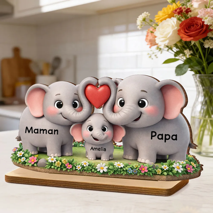 Famille d’éléphants – Présentoir en bois personnalisé avec prénoms – Cadeau pour maman et papa