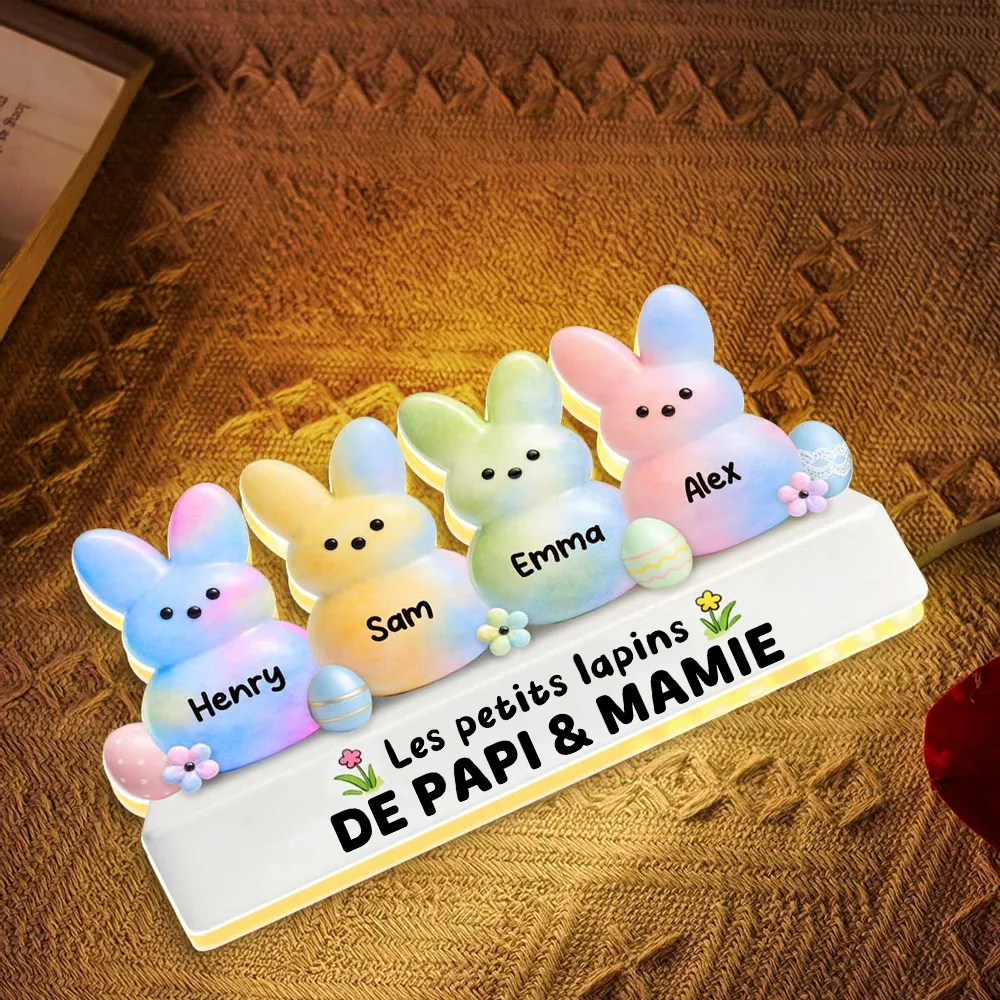 Lapins de Pâques colorés pour mamie et papi – Boîte lumineuse LED personnalisée avec les prénoms des petits-enfants | Cadeau de Pâques pour grands-parents