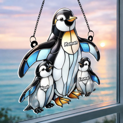 Maman / mamie pingouin avec enfants – Ornement attrape-soleil personnalisé avec prénoms