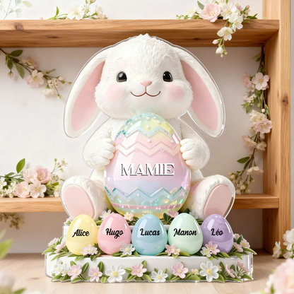 Lapin de Pâques Mamie – Bloc en acrylique personnalisé avec prénoms – Décoration de Pâques, cadeau pour mamie