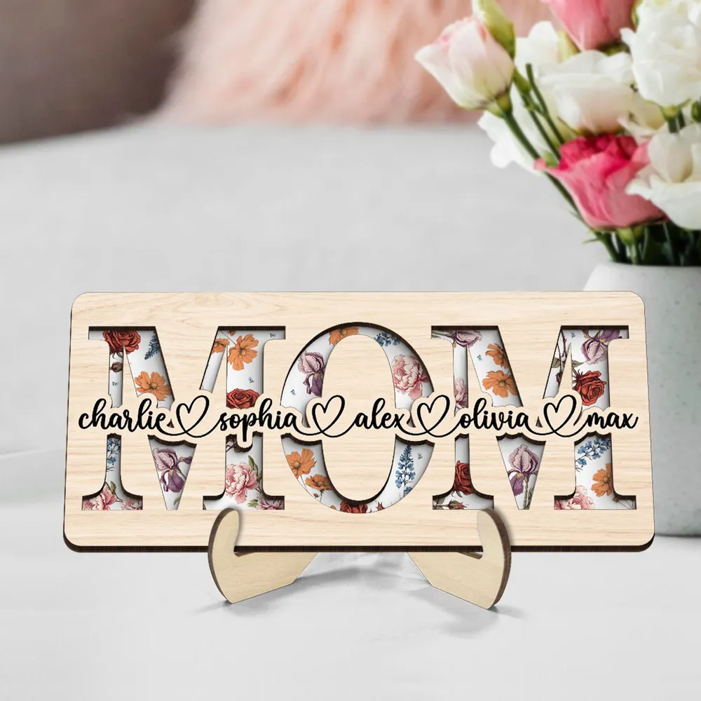 MAMAN / MOM / MAMIE – Présentoir en bois personnalisé à 2 couches avec fleurs de naissance et prénoms