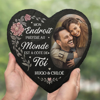 Mon endroit préféré – Plaque en ardoise personnalisée avec photo pour couple – Forme cœur avec support