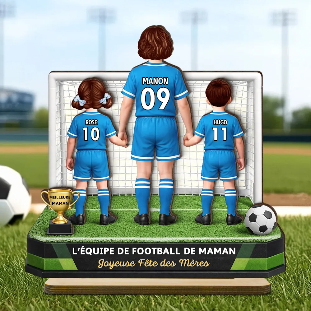 « L’équipe de football de maman » – Présentoir en bois personnalisé avec femme et enfants