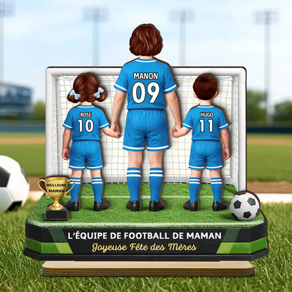 « L’équipe de football de maman » – Présentoir en bois personnalisé avec femme et enfants