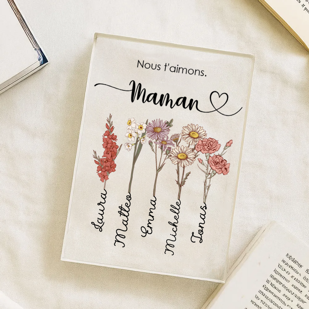 Bloc en acrylique personnalisé avec fleurs de naissance, prénoms et texte – Cadeau pour mamie et maman