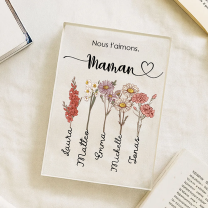 Bloc en acrylique personnalisé avec fleurs de naissance, prénoms et texte – Cadeau pour mamie et maman