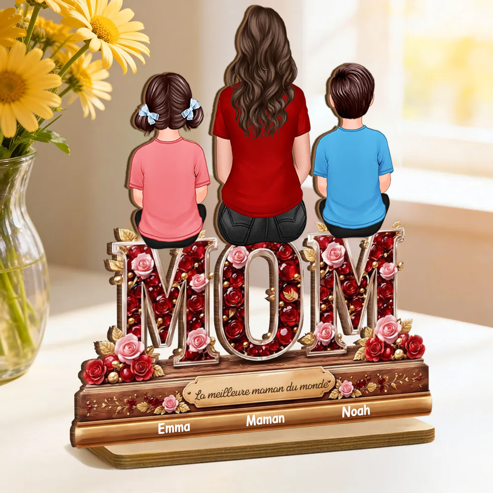 « MAMAN, MAMIE, MOM » – Présentoir en bois personnalisé avec femme et enfants