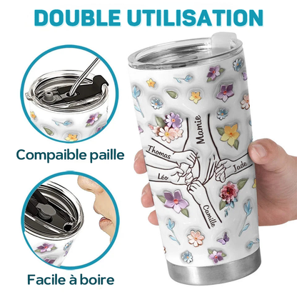 Mains dans la main – Gobelet isotherme personnalisé avec motif floral, cadeau pour Mamie et Maman