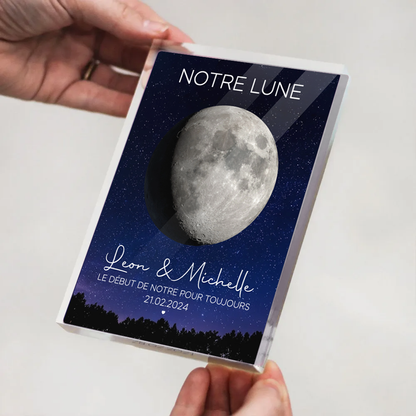 Notre lune pour les couples - Bloc acrylique personnalisé avec phase lunaire, noms et citation