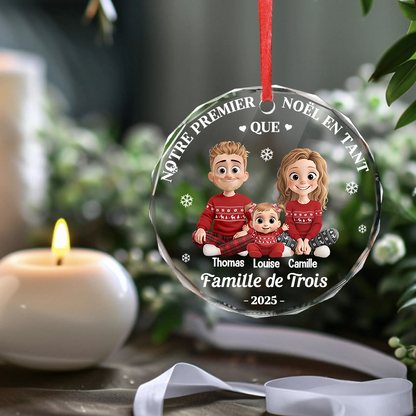 Décoration en verre personnalisée « Notre premier Noël en famille à trois »  Ornement de Noël