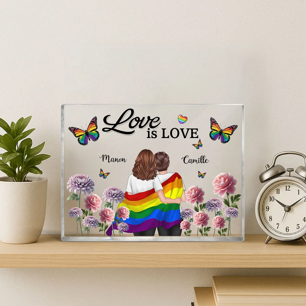 Plaque en acrylique personnalisée avec motif arc-en-ciel et 2 personnages – Cadeau pour couples LGBT