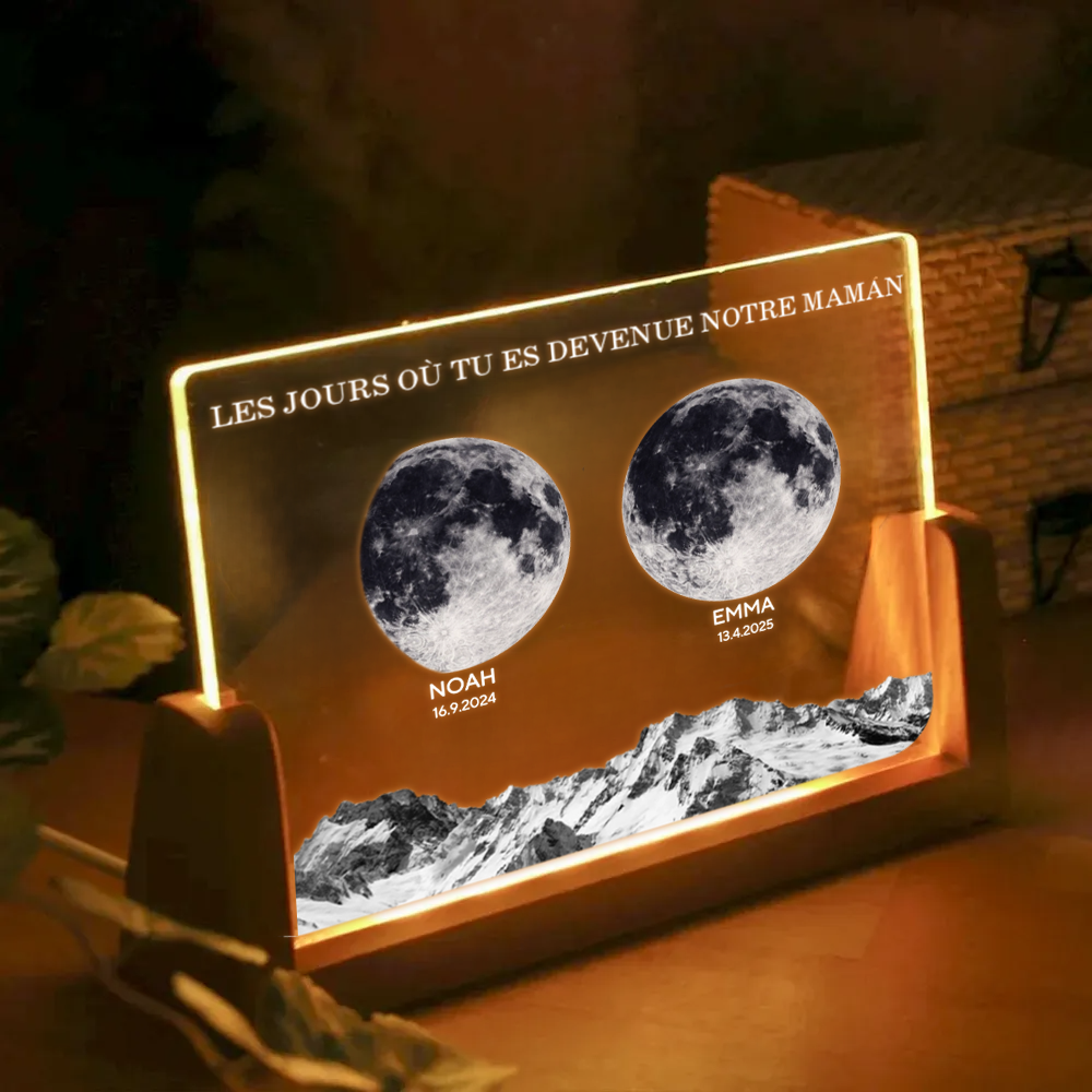 Veilleuse LED personnalisée avec phases de lune et socle en U – Cadeau pour maman