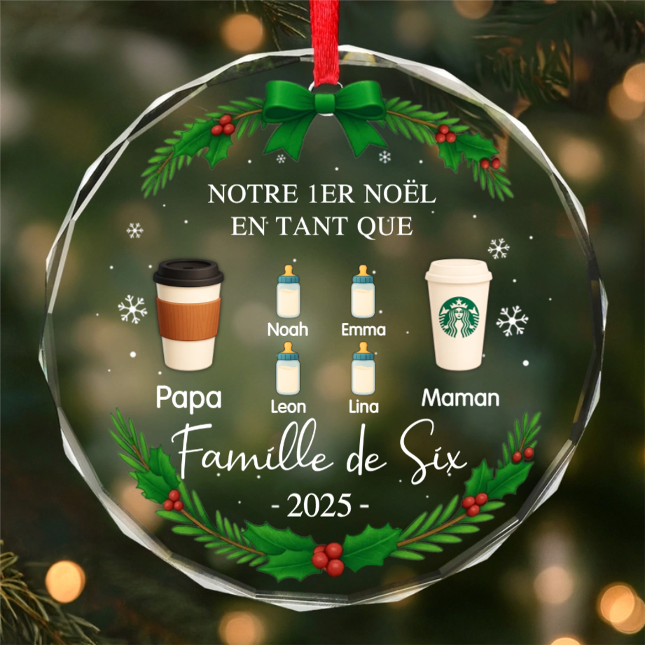 Orement en verre avec boissons et nom « 1er Noël en famille à... » Décoration de Noël personnalisée
