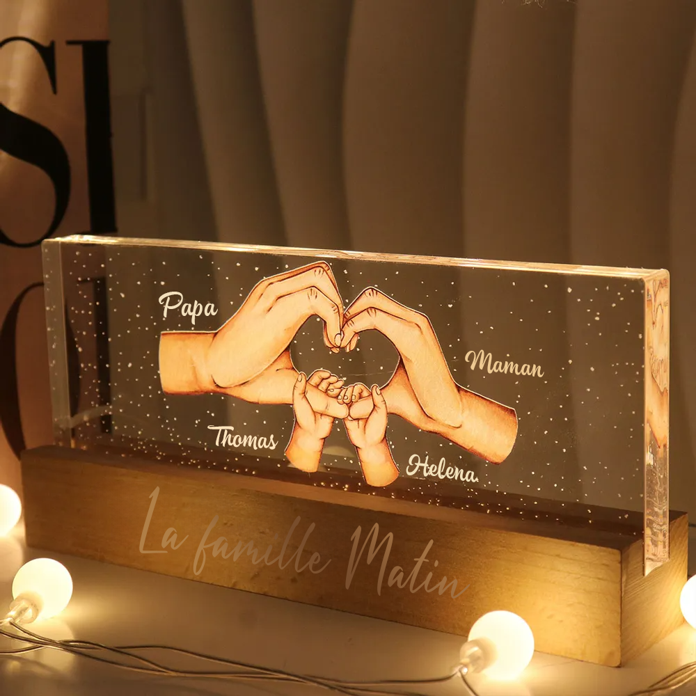 Veilleuse LED personnalisée en forme de cœur avec mains – Pour maman et papa