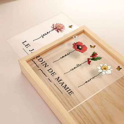 Jardin de mamie – Boîte lumineuse cadre en bois personnalisée avec fleurs de naissance et texte, pour mamie et maman