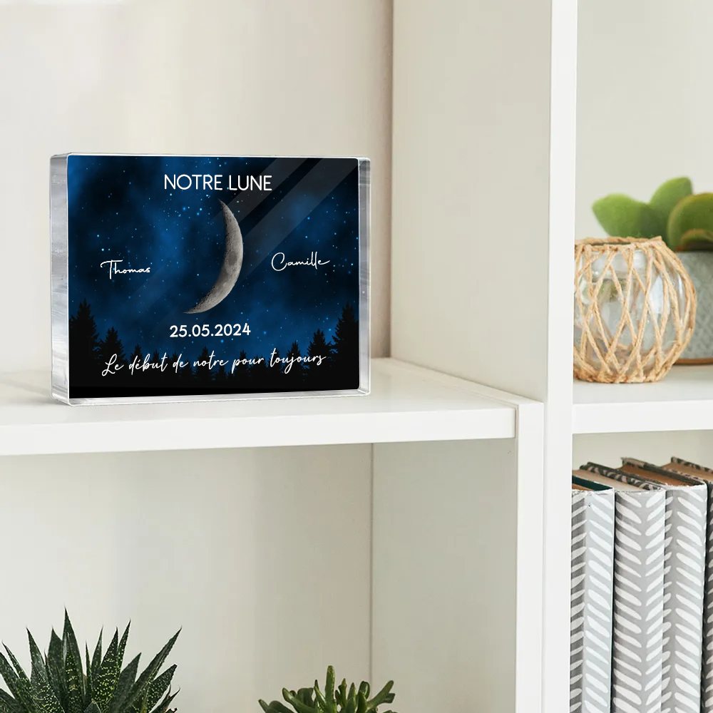 Notre lune - Bloc acrylique personnalisé avec phases lunaires et texte Cadeau pour couple