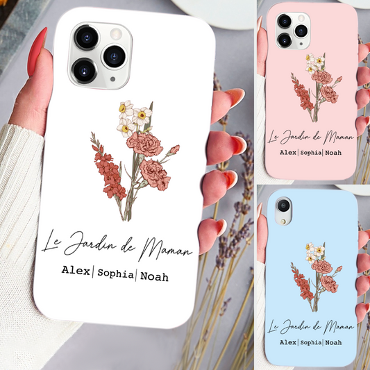 Coque en silicone personnalisée avec bouquet de fleurs de naissance – Cadeau pour maman et mamie, compatible iPhone et Samsung