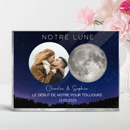 Notre bloc acrylique personnalisé avec phase lunaire et photo, cadeau pour couple