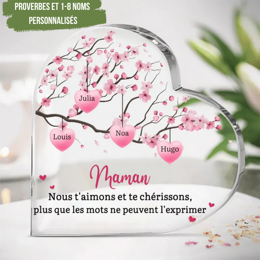 Coeur en acrylique avec arbre généalogique, de 1 à 8 noms, pour maman et mamie.