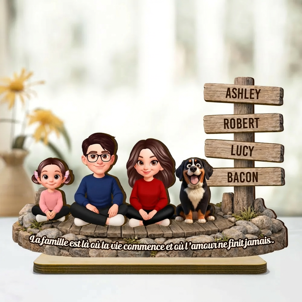 Décoration en bois personnalisé avec famille, chien et chat