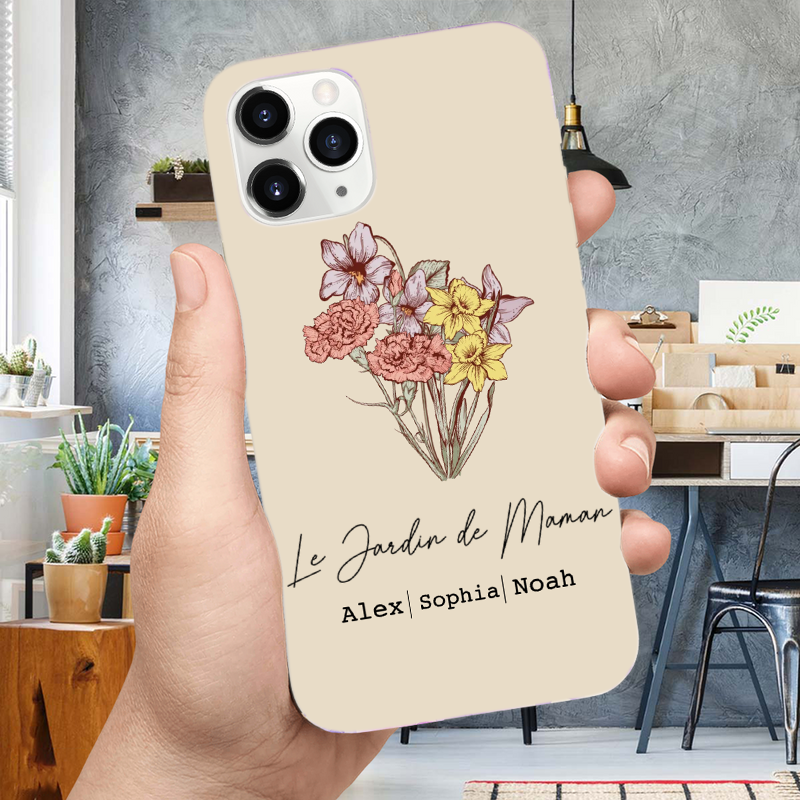 Coque en silicone personnalisée avec bouquet de fleurs de naissance – Cadeau pour maman et mamie, compatible iPhone et Samsung