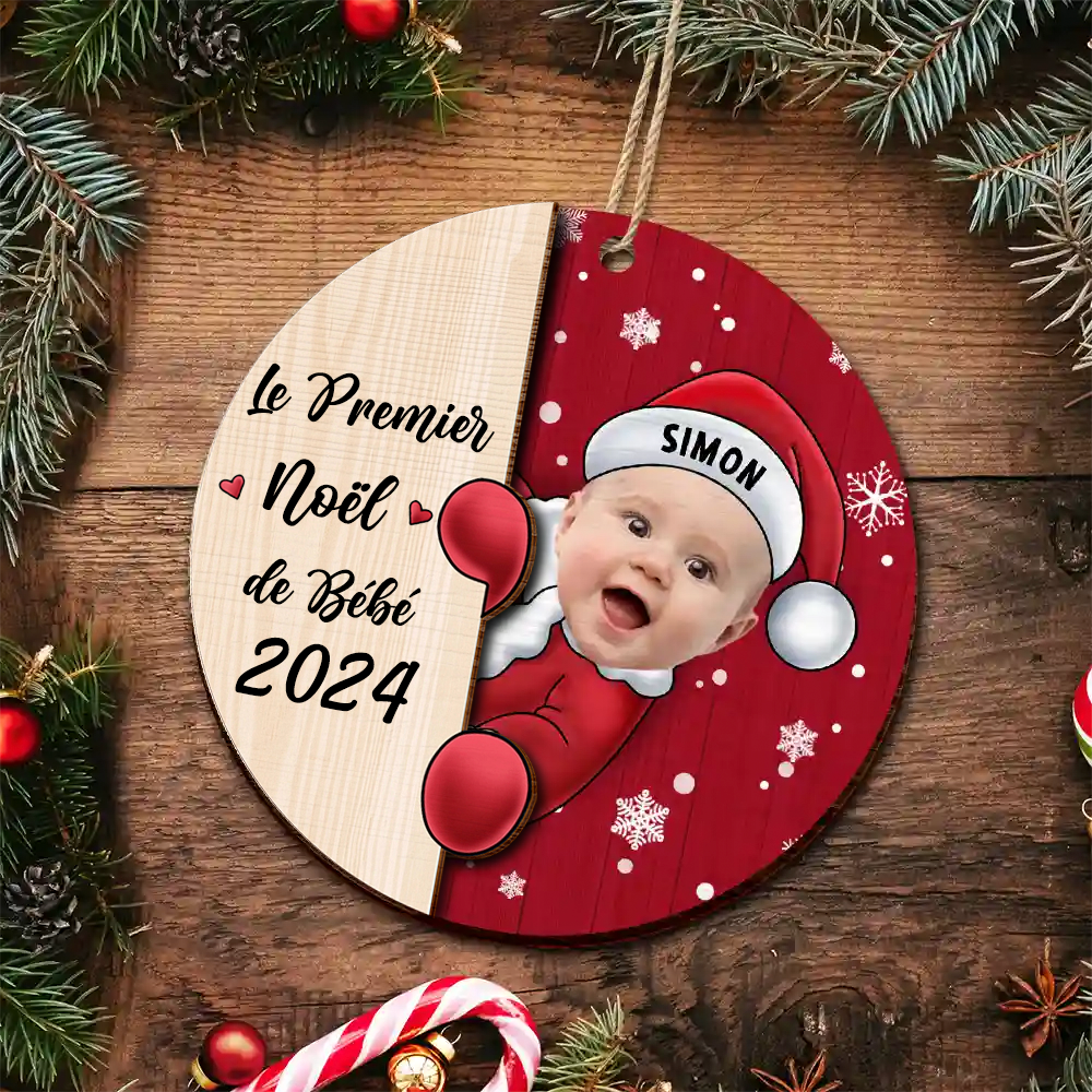 Bébé Premier Noël- Photo Pendentif de Noël en bois