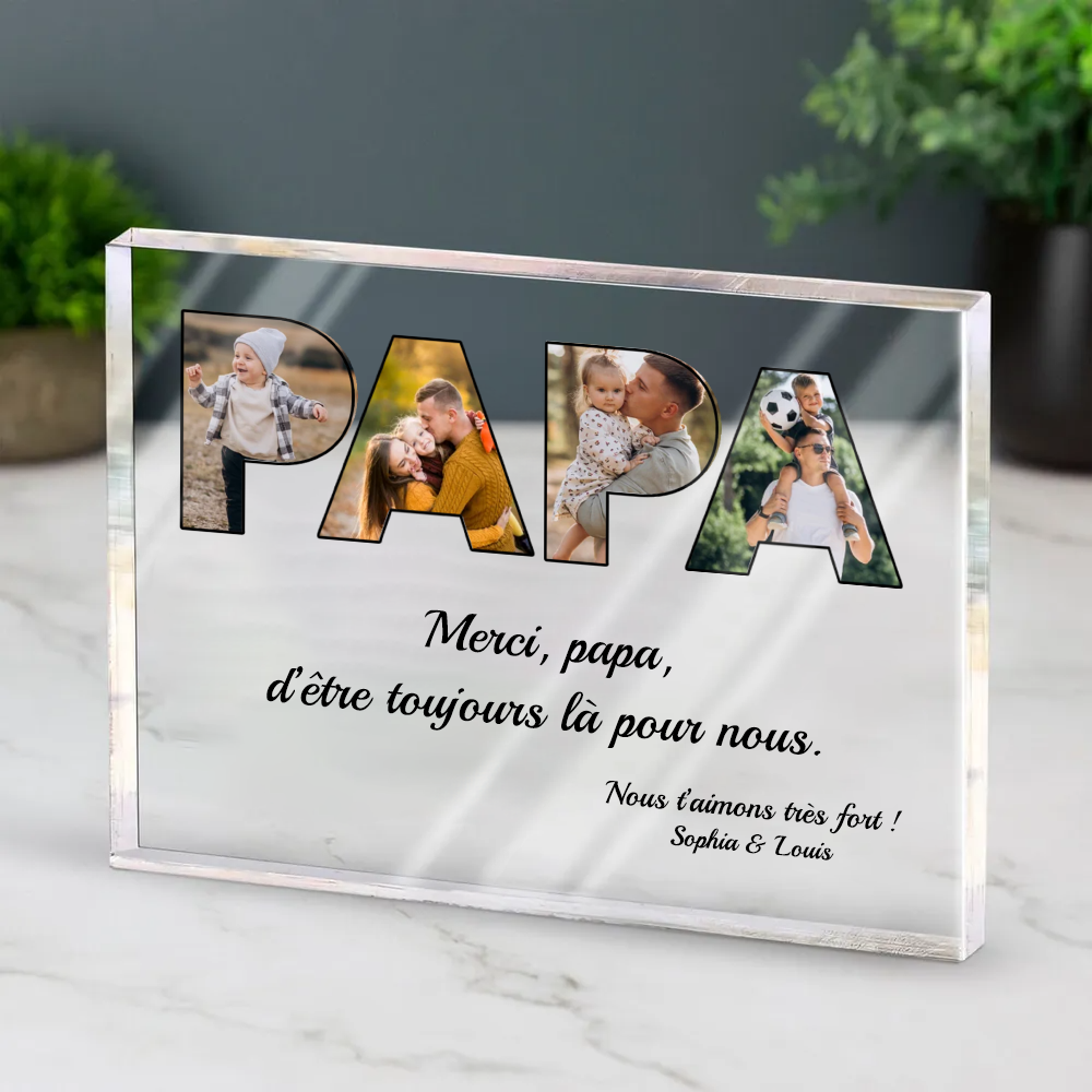 Bloc acrylique PAPA avec photos, texte et nom Cadeau pour papa
