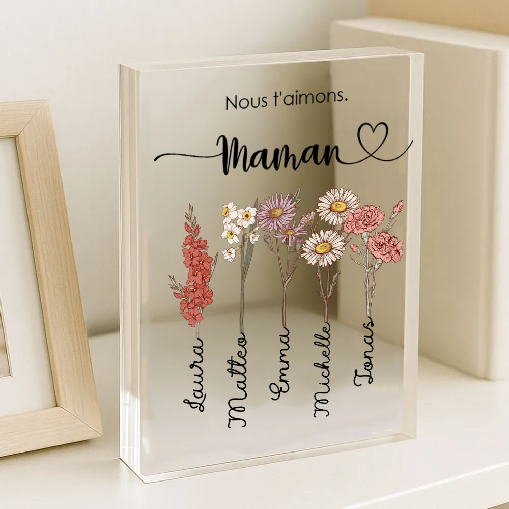 Bloc en acrylique personnalisé avec fleurs de naissance, prénoms et texte – Cadeau pour mamie et maman