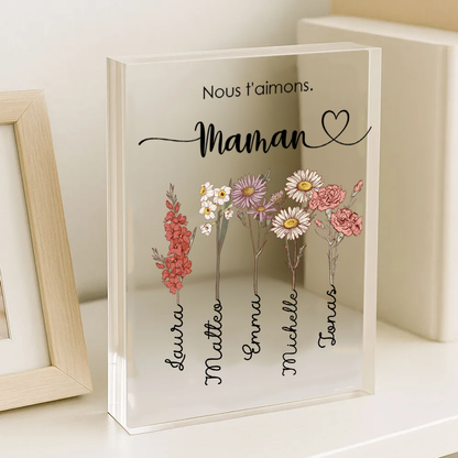 Bloc en acrylique personnalisé avec fleurs de naissance, prénoms et texte – Cadeau pour mamie et maman