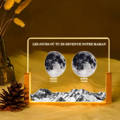 Veilleuse LED personnalisée avec phases de lune et socle en U – Cadeau pour maman