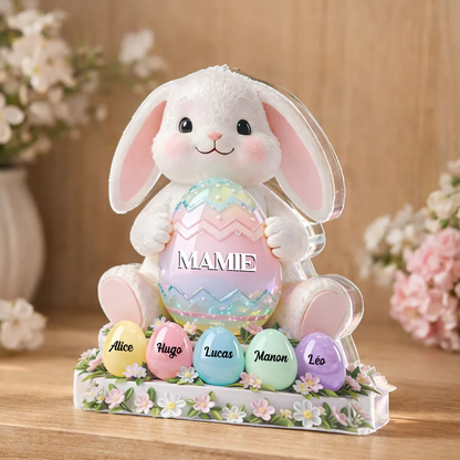 Lapin de Pâques Mamie – Bloc en acrylique personnalisé avec prénoms – Décoration de Pâques, cadeau pour mamie