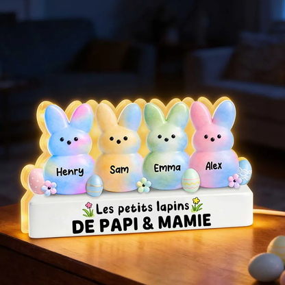 Lapins de Pâques colorés pour mamie et papi – Boîte lumineuse LED personnalisée avec les prénoms des petits-enfants | Cadeau de Pâques pour grands-parents
