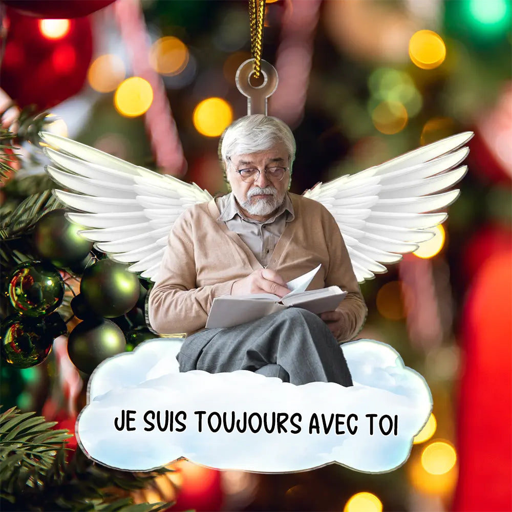 Ornement photo en acrylique avec ailes d’ange – Décoration de sapin de Noël commémorative