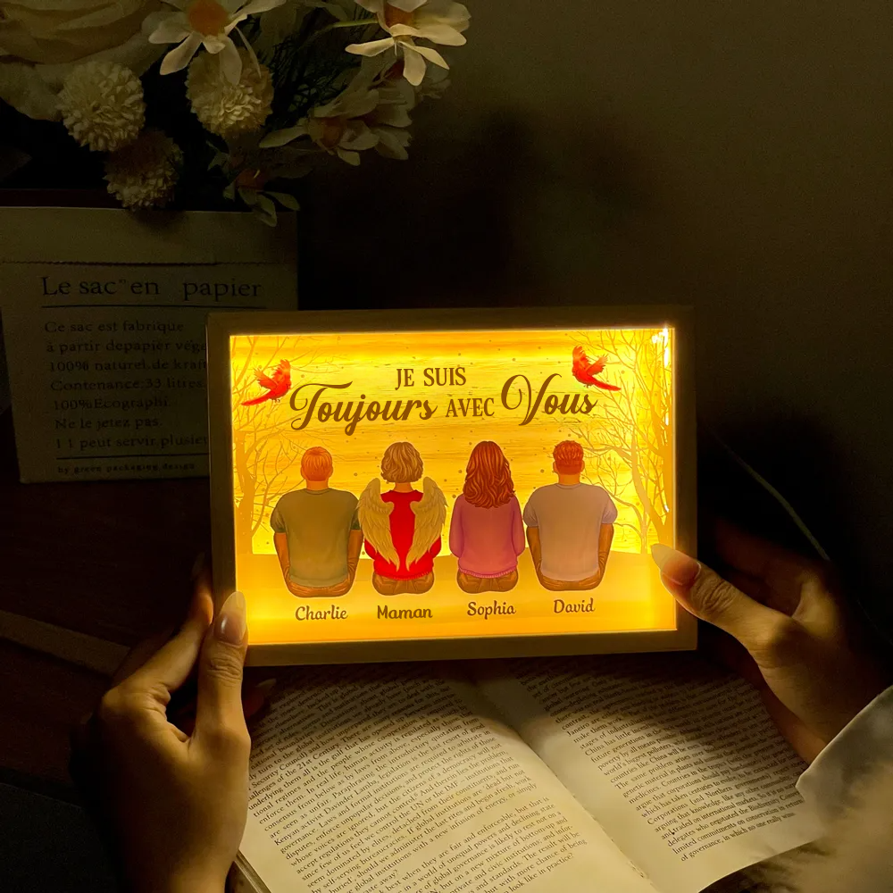 Toujours avec toi – Boîte lumineuse cadre en bois personnalisée avec famille