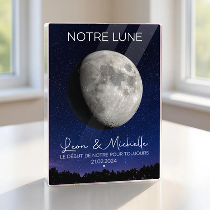 Notre lune pour les couples - Bloc acrylique personnalisé avec phase lunaire, noms et citation