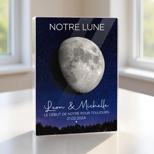 Notre lune pour les couples - Bloc acrylique personnalisé avec phase lunaire, noms et citation