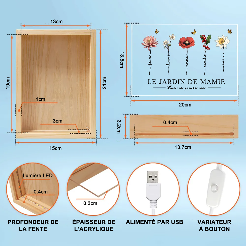 Jardin de mamie – Boîte lumineuse cadre en bois personnalisée avec fleurs de naissance et texte, pour mamie et maman