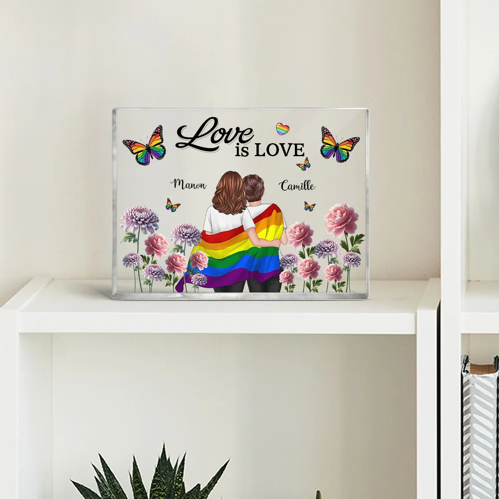 Plaque en acrylique personnalisée avec motif arc-en-ciel et 2 personnages – Cadeau pour couples LGBT